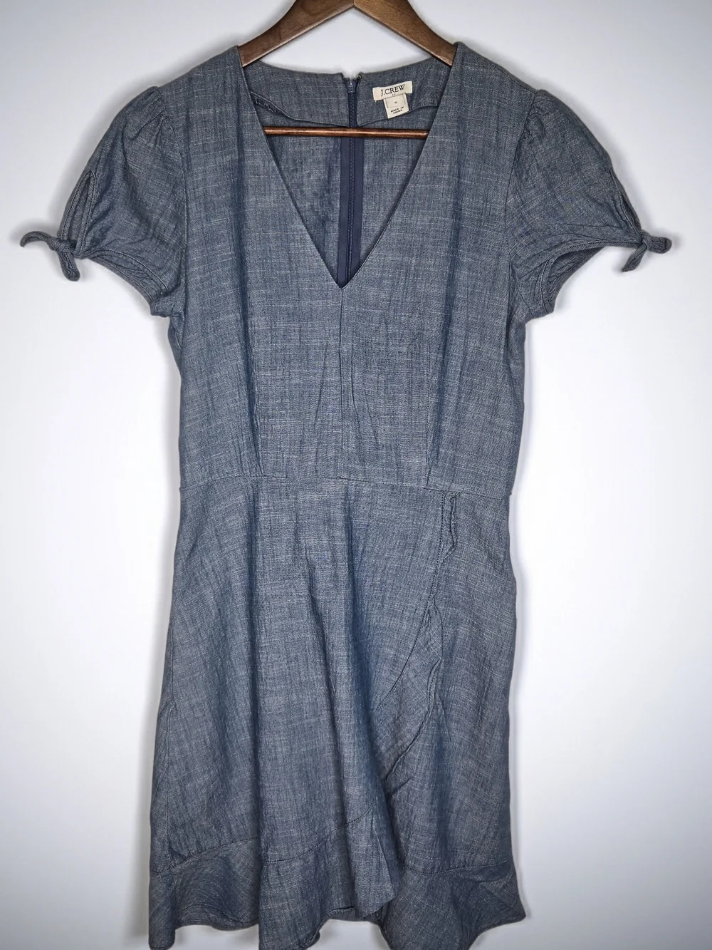 J. Crew Blue Chambray V-Neck Short Sleeve Dress Faux Wrap With Ruffle Size 0.